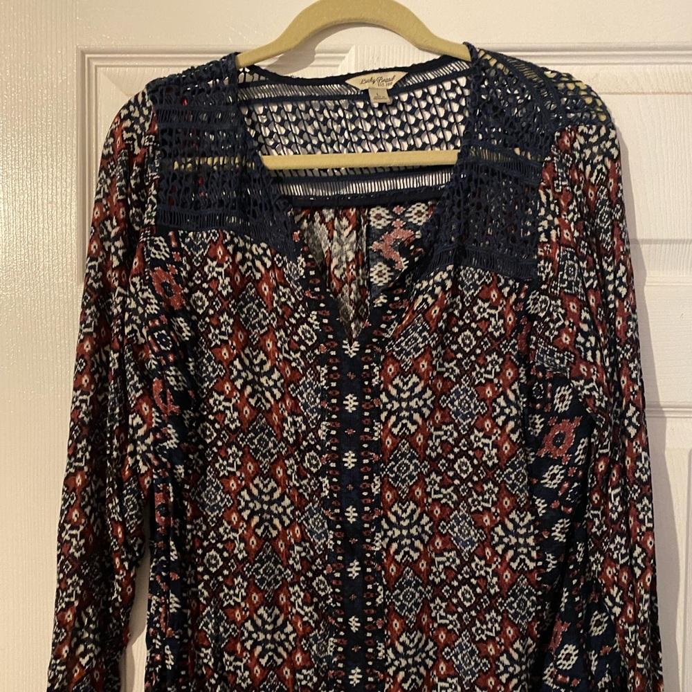 Lucky Brand Navy Blue Red Patterned Crochet Yoke Blouse